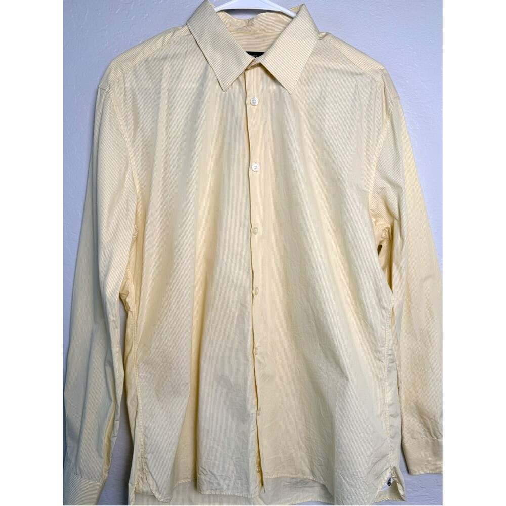 John Varvatos Men's Yellow White Striped Button-Up Shirt Slim Fit Size 16 32/33